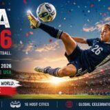 Female soccer player in mid-air kick with ball during FIFA World Cup 2026 promo image.