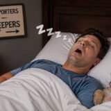 Man asleep in bed with a small dog on his chest; bedside sign reads 'Proud supporters of loud sleepers' and a clock shows 2:43.